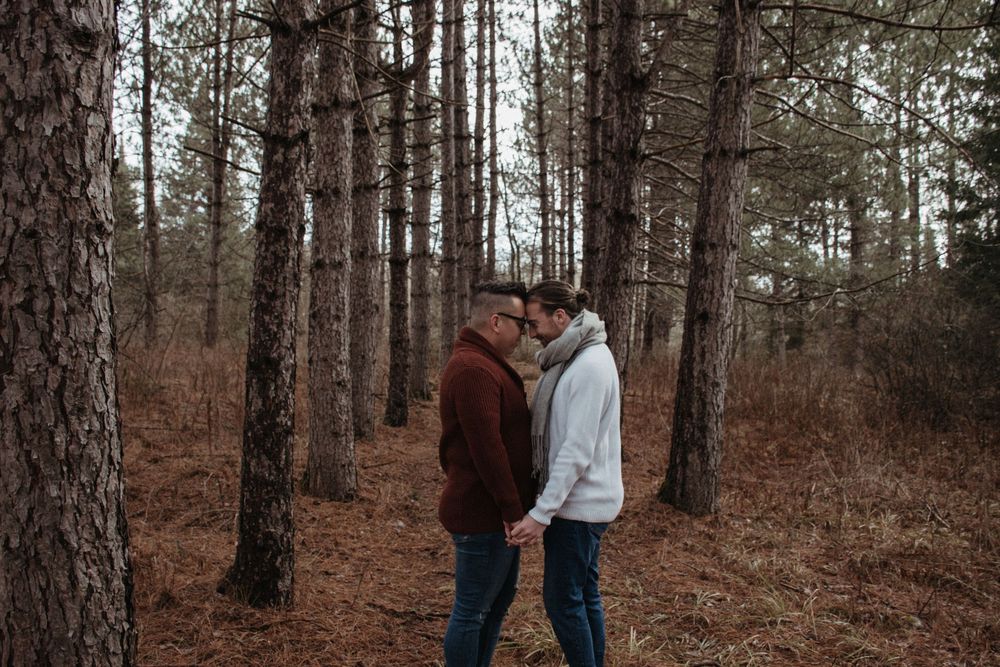 Two people stand close together among tall pine trees in a scenic autumn forest setting.