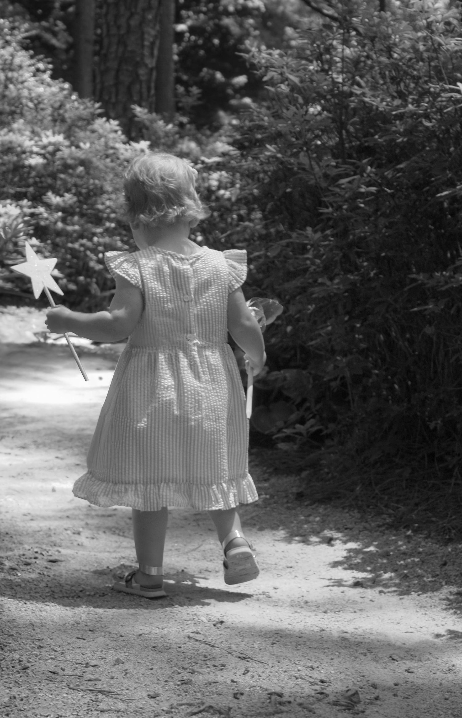 A small child in pink stripes smelling bright pink hydrangea flowers in a garden.