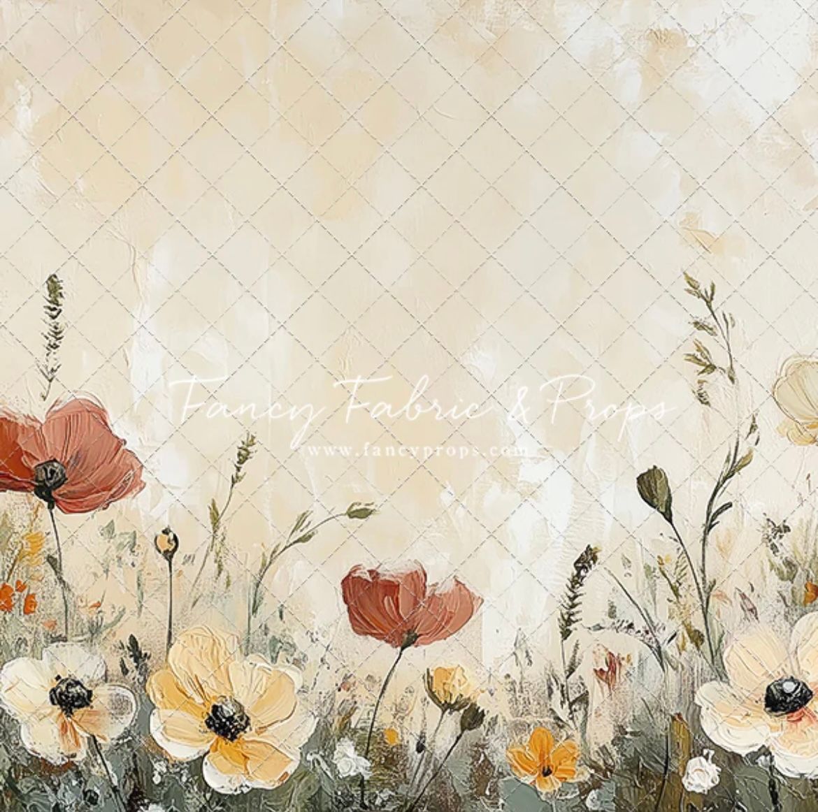 Gentle watercolor painting of delicate poppies and wildflowers lined up in a soft neutral earth-toned border design.