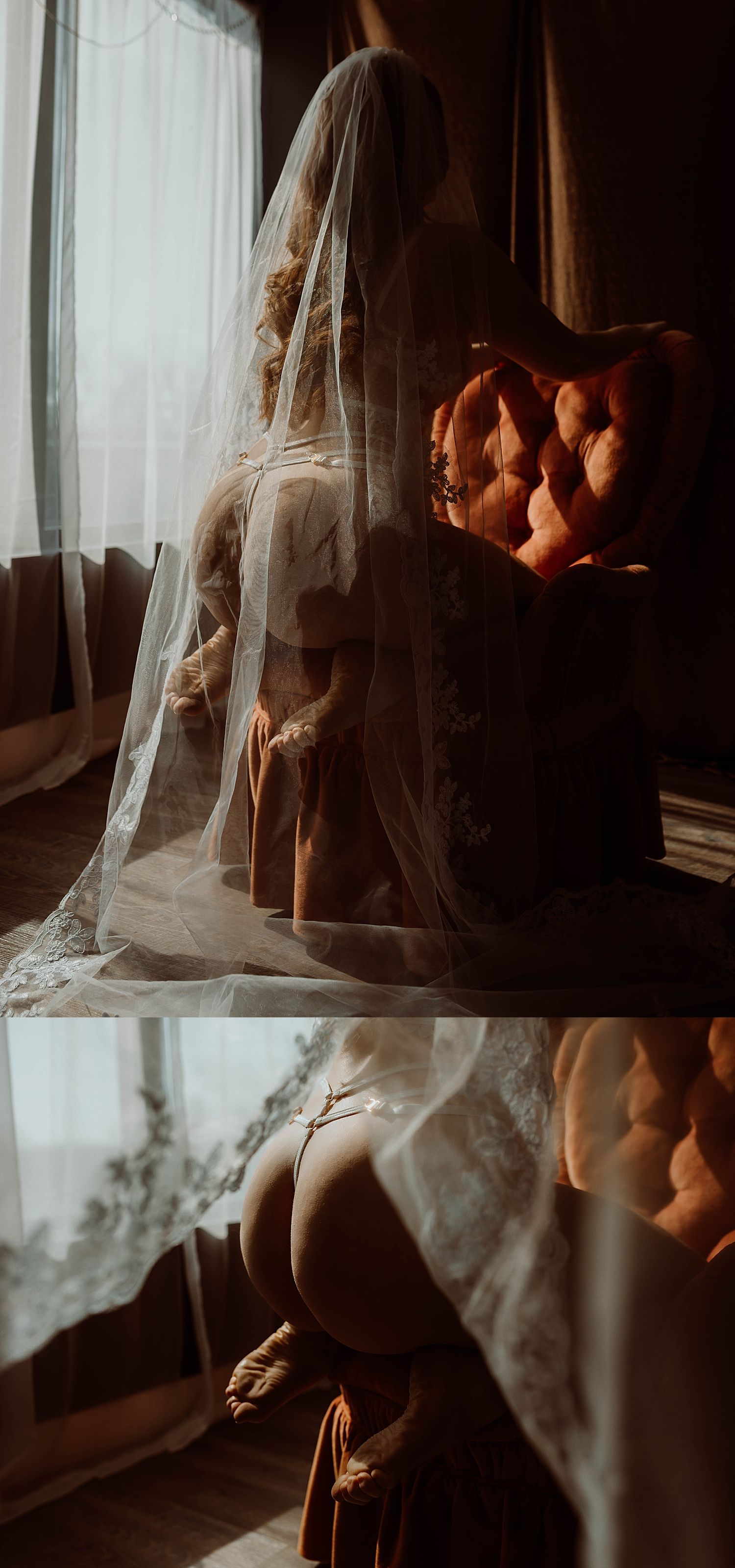 bride kneels in lingerie and veil on studio floor by KJ Boudoir Photography