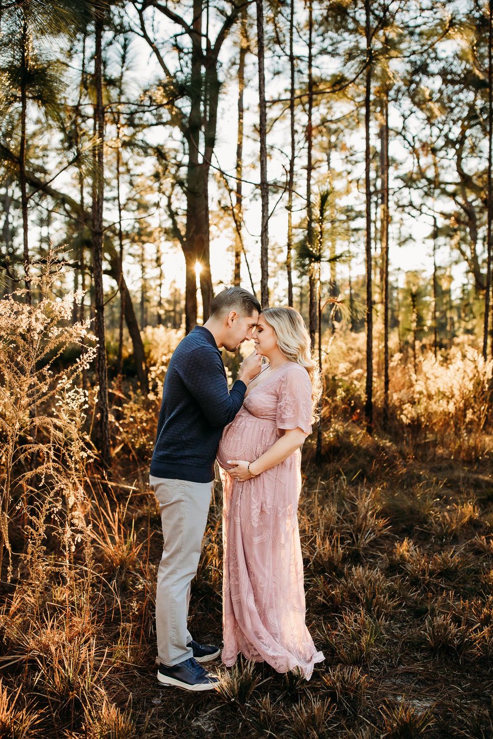 A romantic sunset maternity photo of a couple embracing in a sunlit forest with golden light filtering through pine trees.