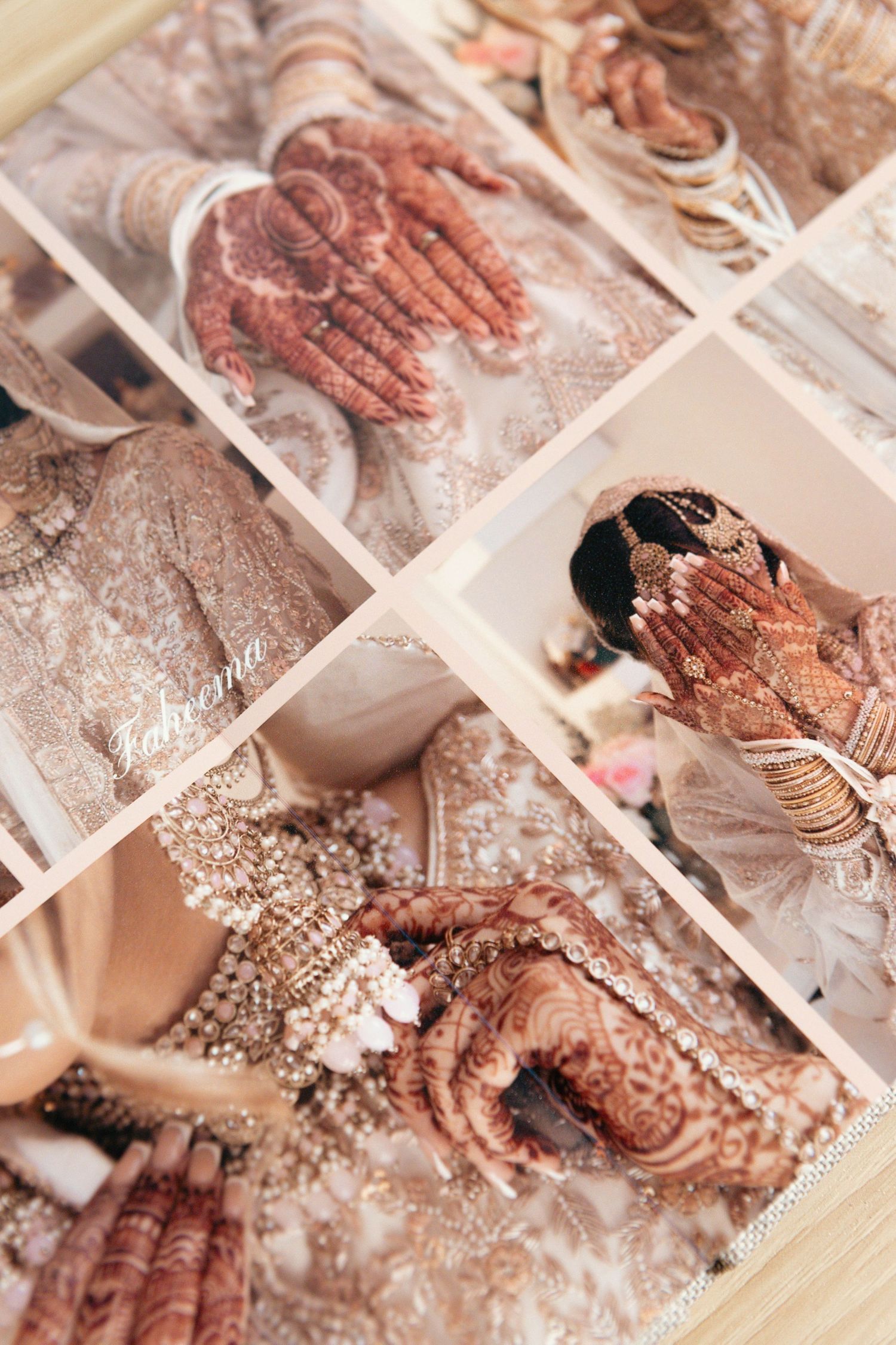 Collection of wedding photos showing ornate jewelry and traditional bridal details.