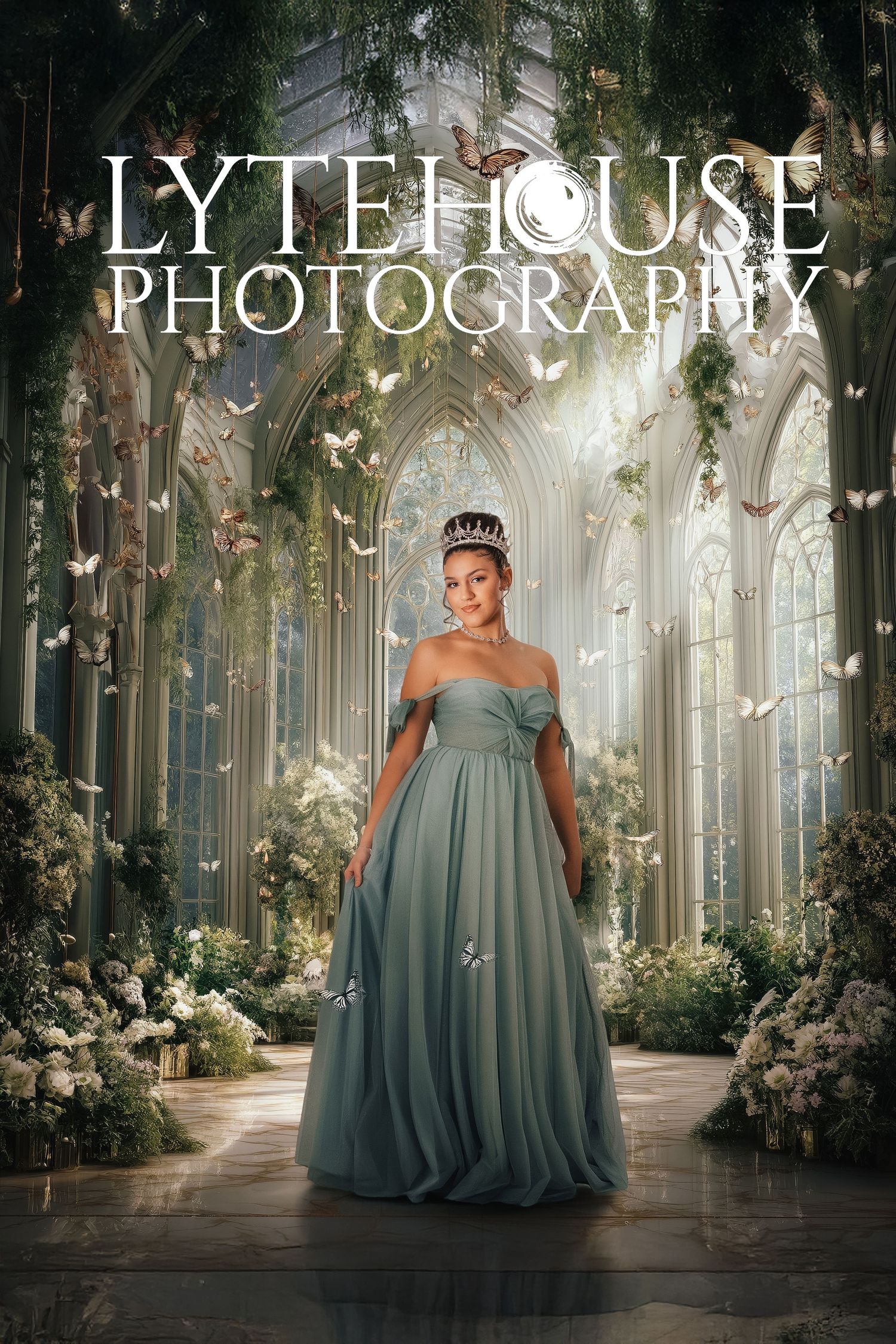 Elegant maternity photoshoot in sage green gown with butterflies and florals in a dreamy palace corridor setting.