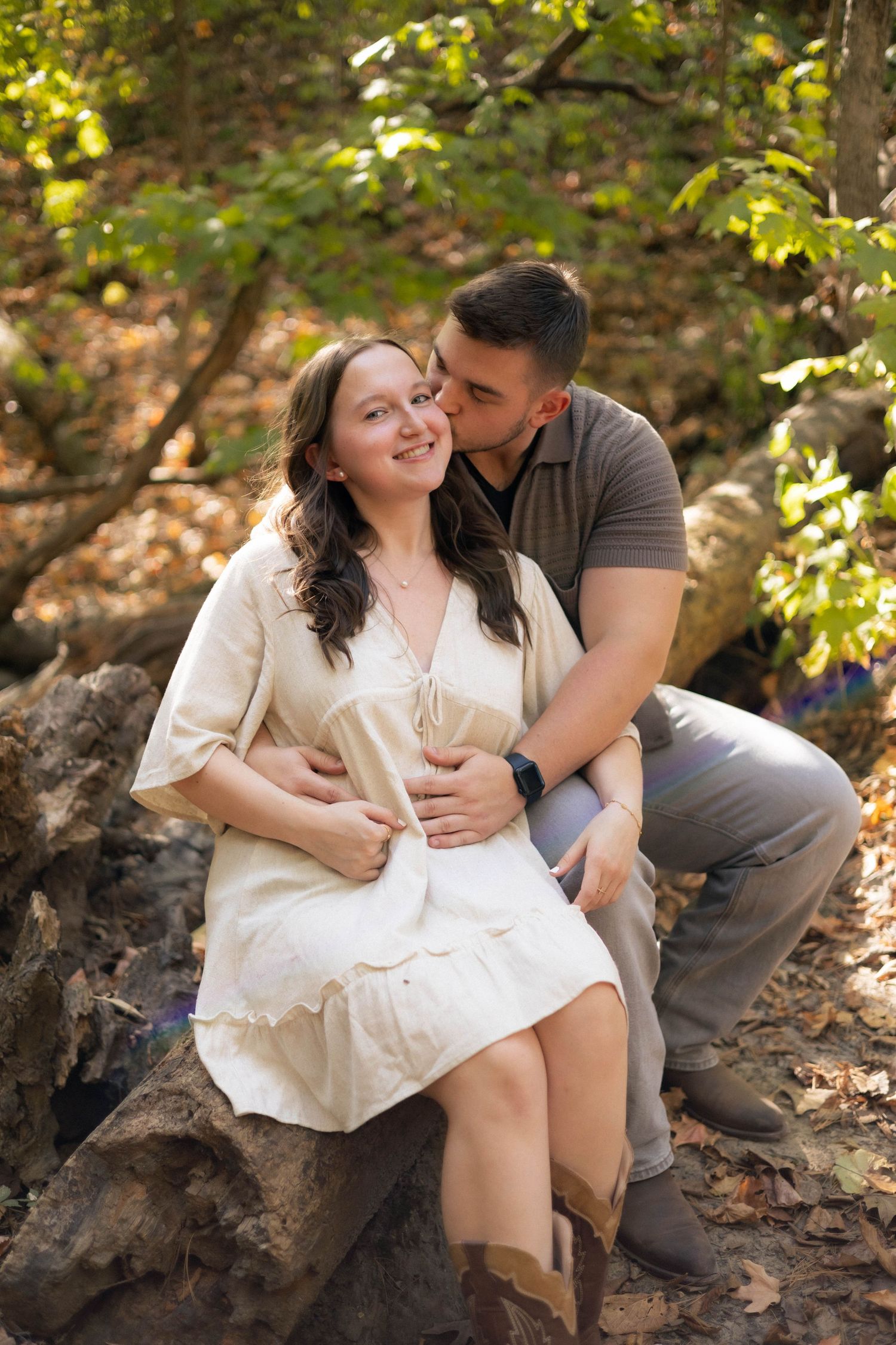 Fall outdoor golden hour engagement photos in woods at Starved Rock in Oglesby, Illinois
