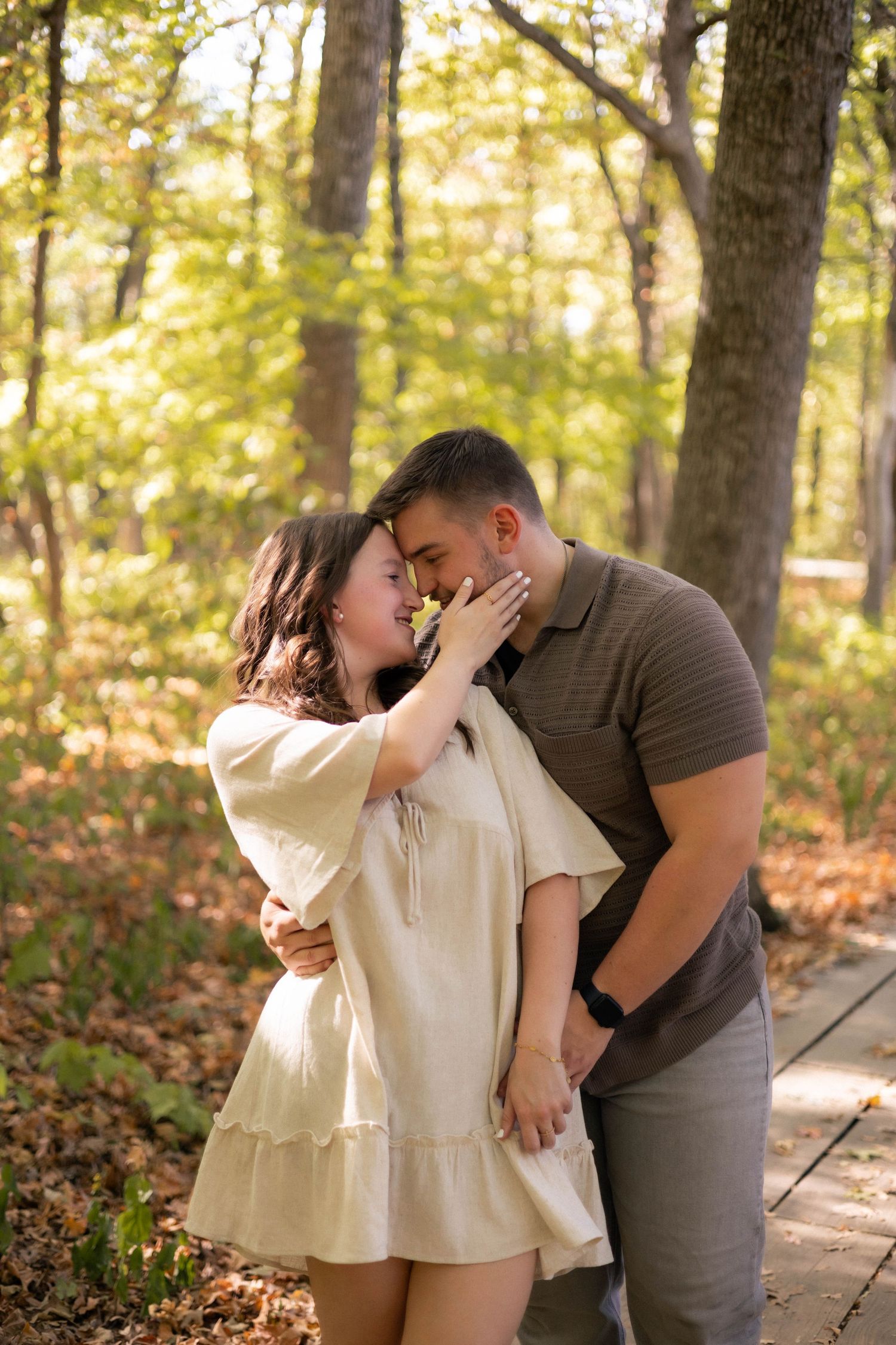 Fall outdoor golden hour engagement photos in woods at Starved Rock in Oglesby, Illinois