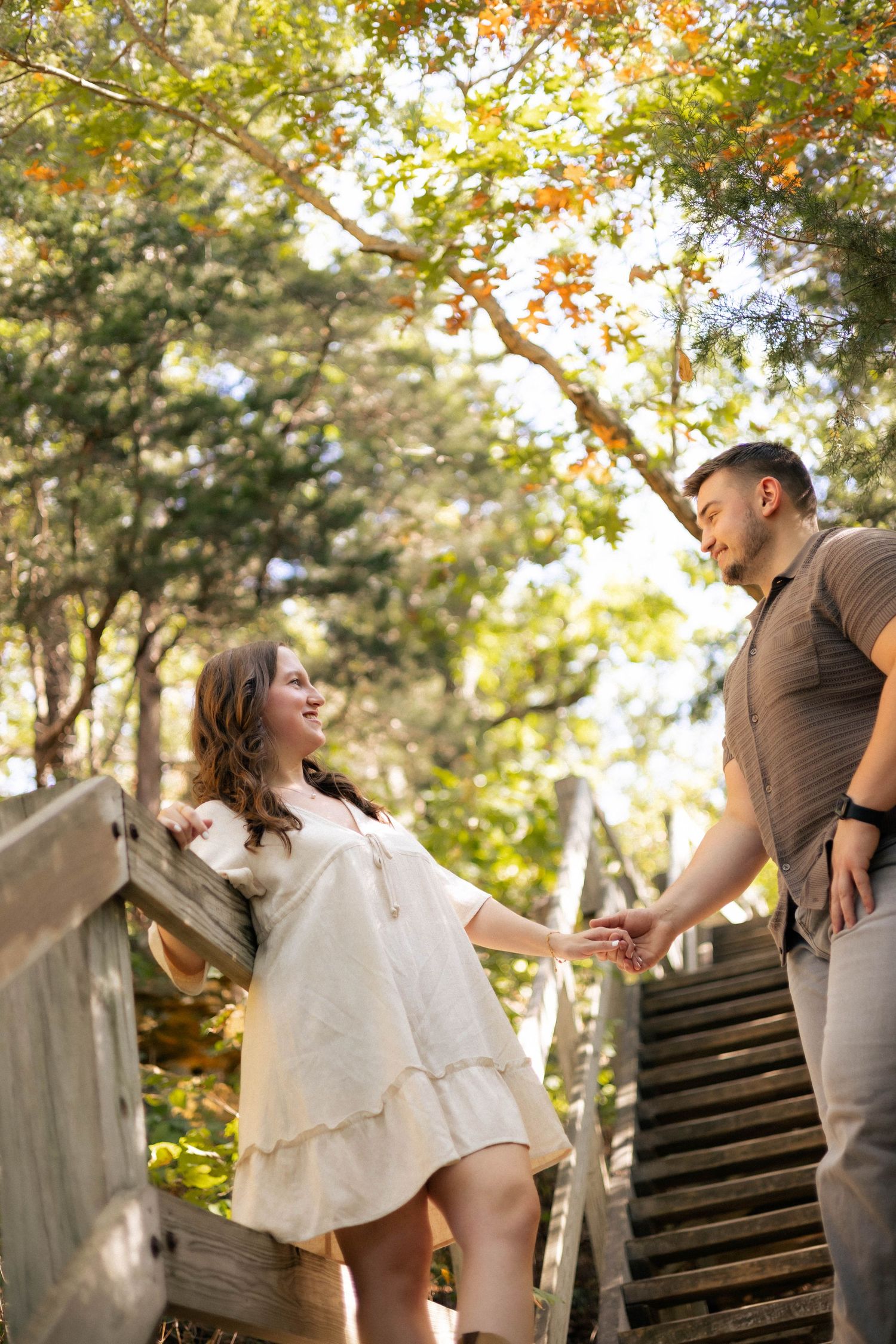 Fall outdoor golden hour engagement photos in woods at Starved Rock in Oglesby, Illinois