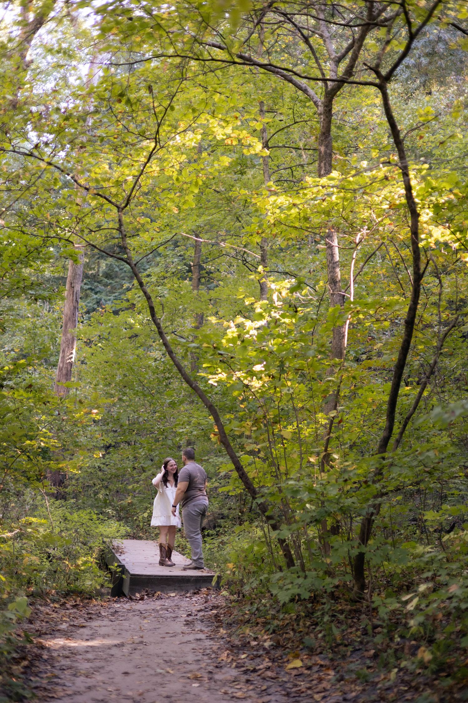 Fall outdoor golden hour engagement photos in woods at Starved Rock in Oglesby, Illinois