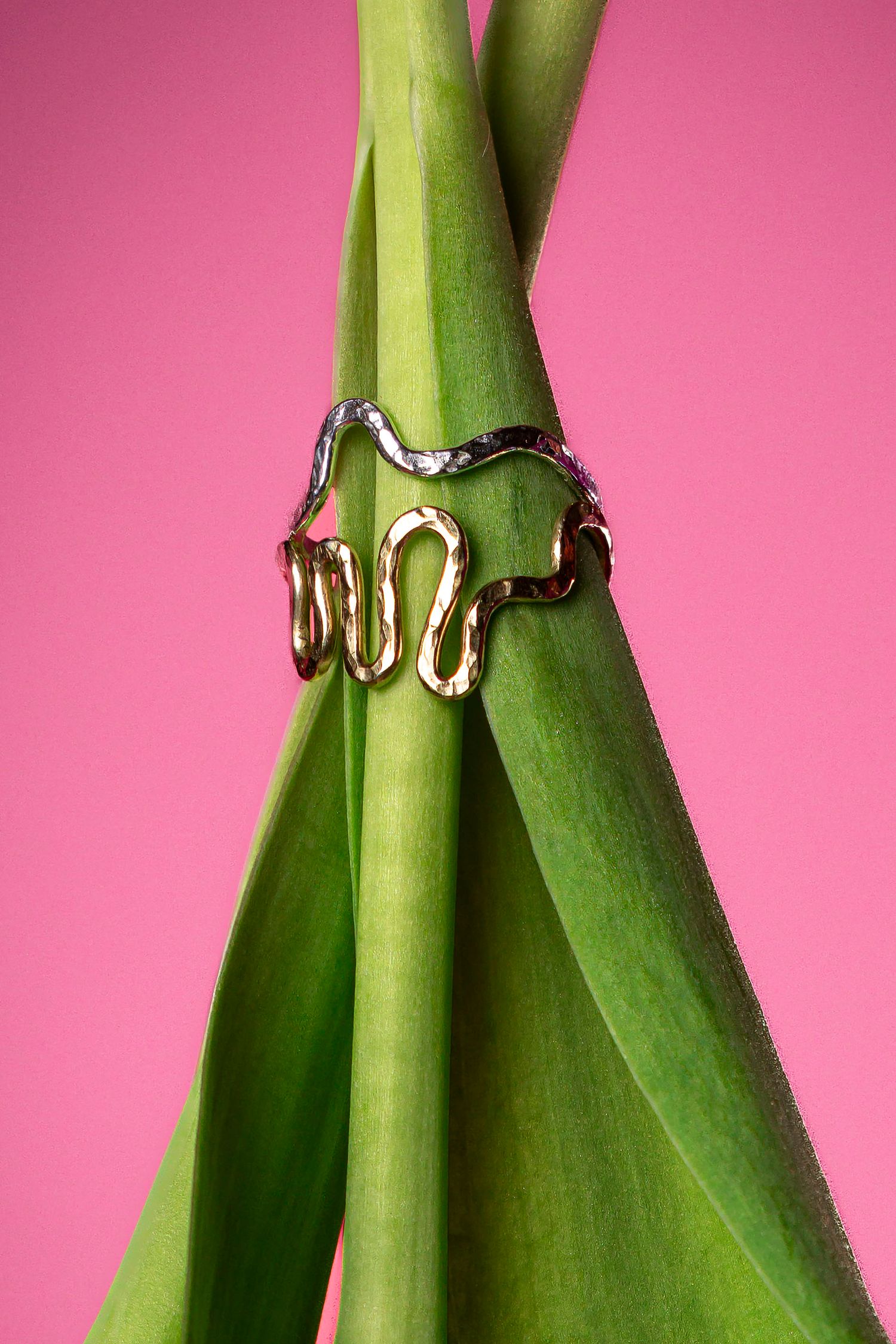 Gold rings displayed on green plant stems against a bright pink background.