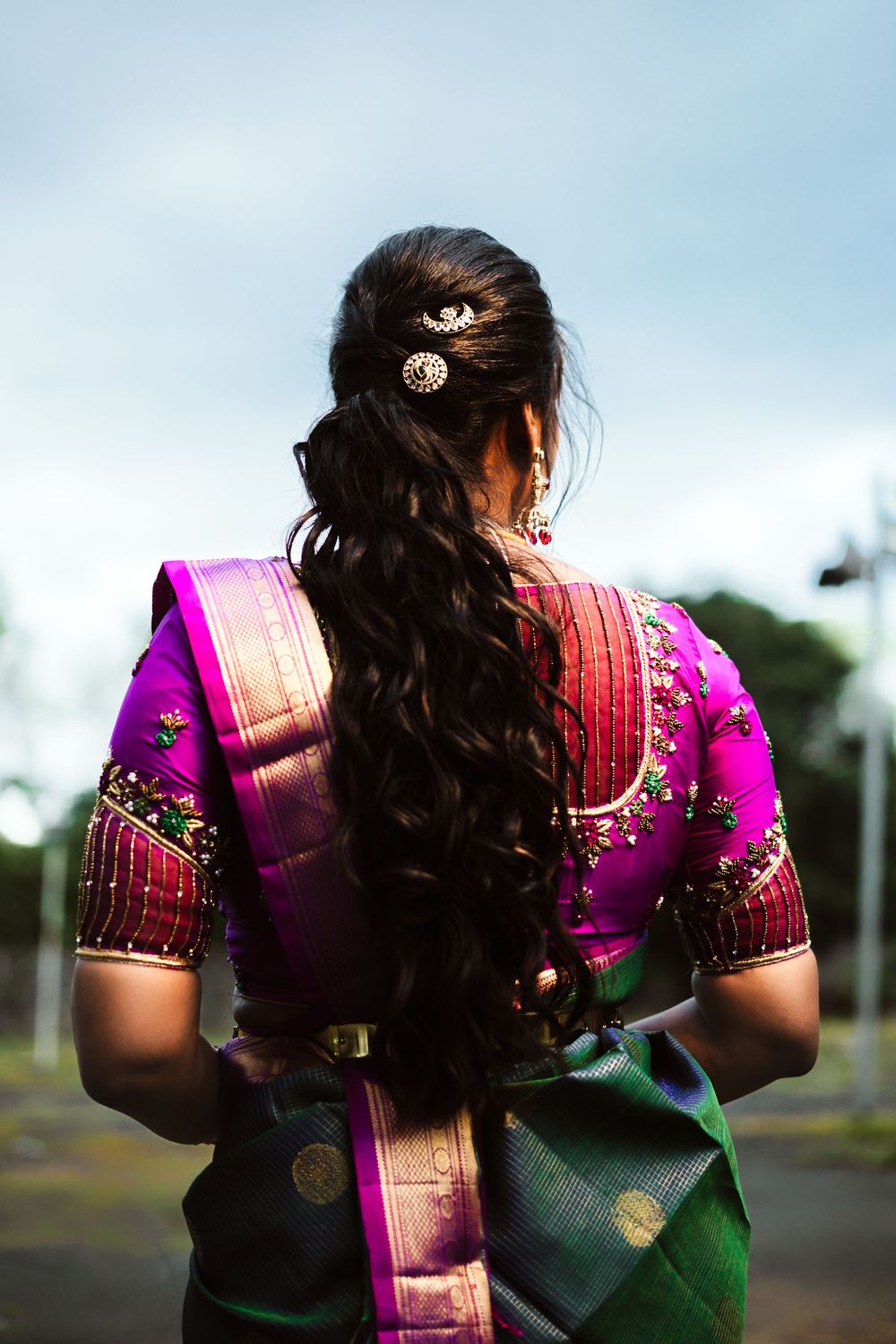 Three images show the back view of a traditional Indian saree with purple blouse and gold border details.