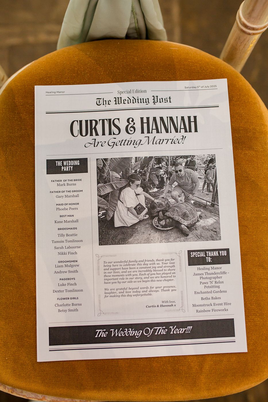 Vintage newspaper style wedding program layout with black and white design.