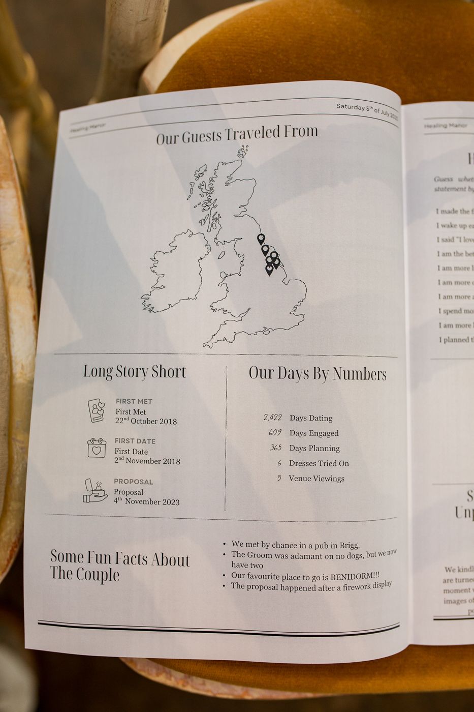 Wedding program showing a map and timeline of events.