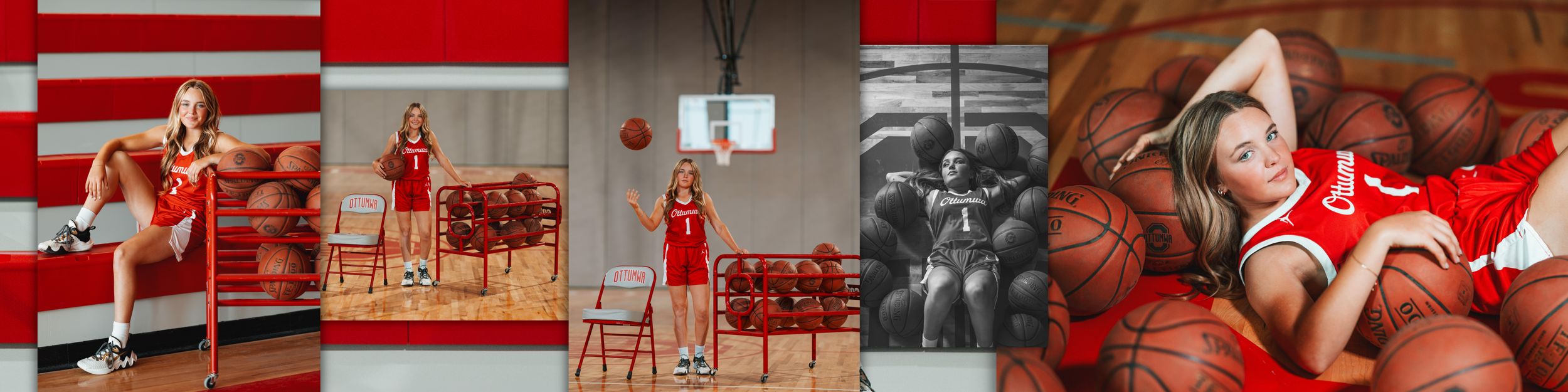 A collage of red and white sports images featuring basketball players, jerseys, and athletic equipment.