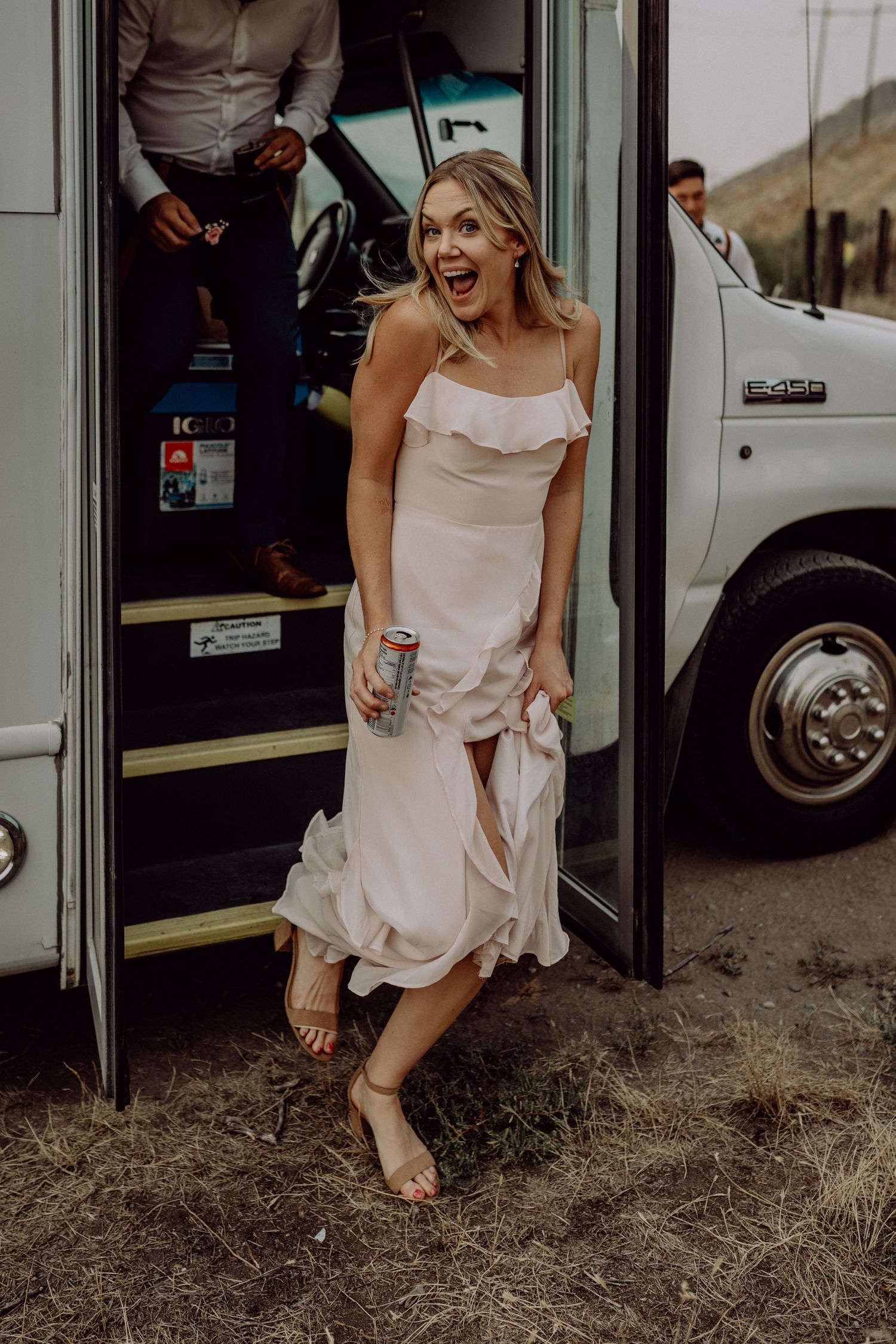 A series of photos showing someone in a white dress joyfully exiting a vehicle on what appears to be a sunny day.