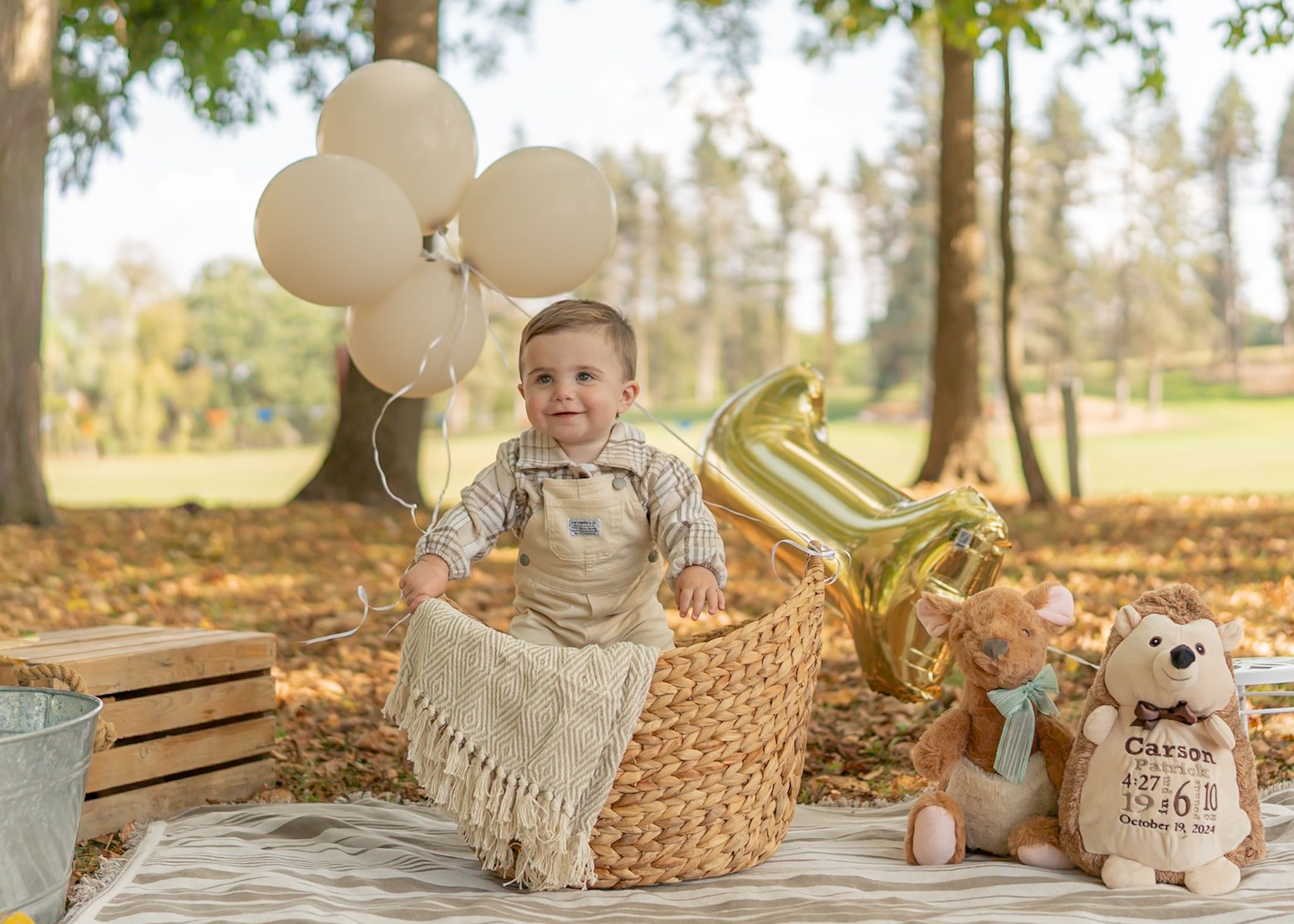 Fall outdoor photography scene with white blanket, woven basket and decorative elements.