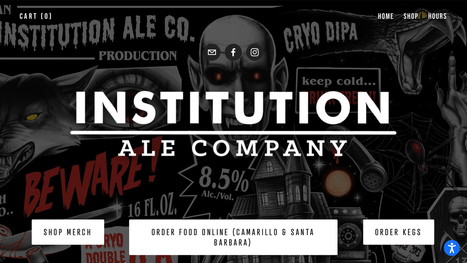 A dark brewery website banner showing Institution Ale Co. branding with industrial design elements and beer imagery.