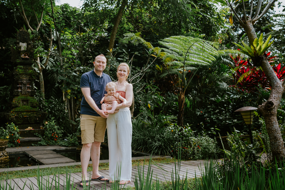 Lifestyle family photoshoot at Adiwana Suweta Bali with lush tropical surroundings.