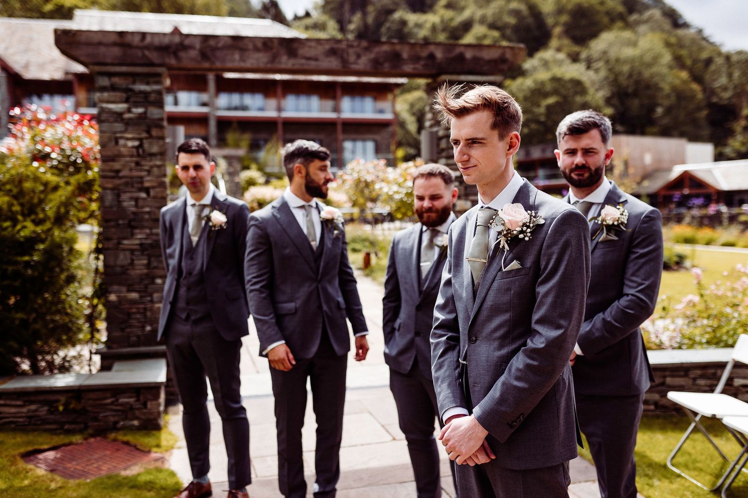 Wedding photography at Lodore Falls Hotel near Keswick - Groom and best men await the bride's arrival