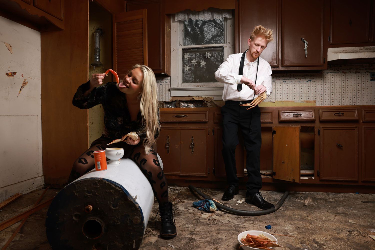 A sequence of photos showing a person in dark clothing sitting on the floor eating cereal from a white bowl.