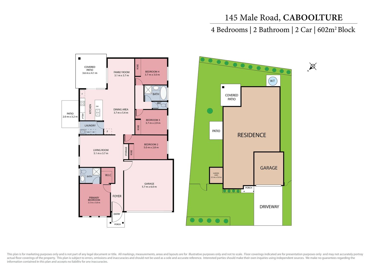 Floor plan of a 4-bedroom, 2-bathroom home with 2-car garage at Caboolture, 602sqm block.