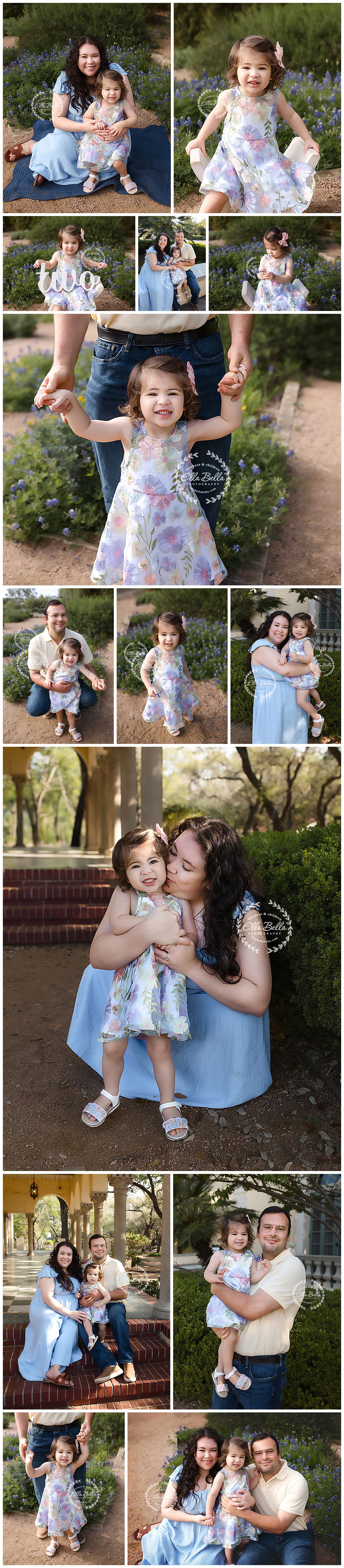 A sweet family photo collage featuring a toddler girl in a floral dress with her parents outdoors among purple wildflowers.