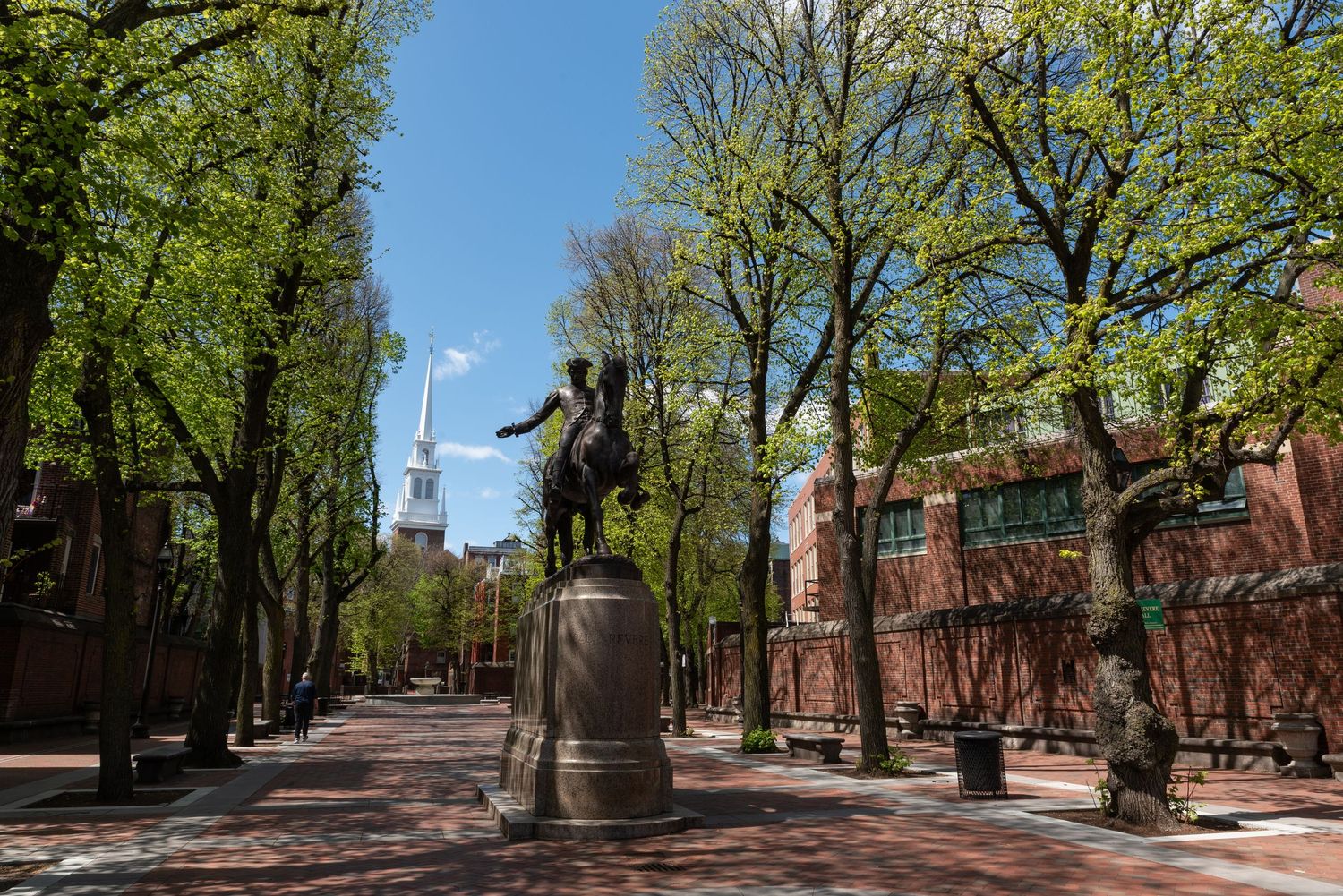 Paul Revere Statue and the Old North Church on the Freedom Trail in Boston's Historic North End. The brick Prado is beautiful to photograph.