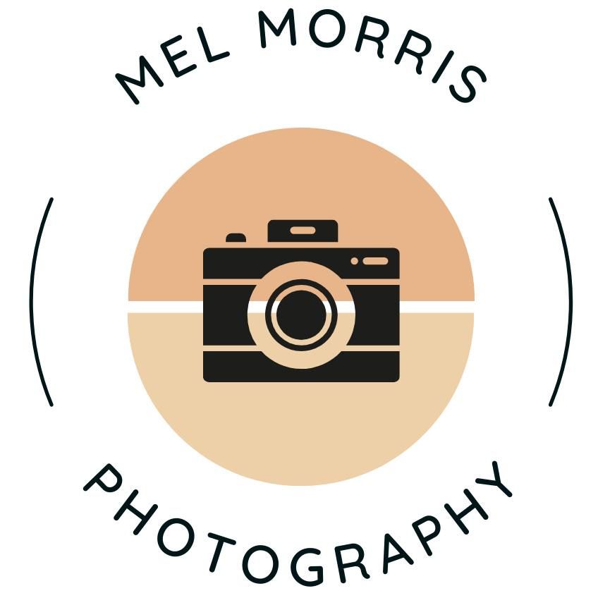 Mel Morris Photography logo featuring a vintage camera icon on a peach circle with elegant curved text border.