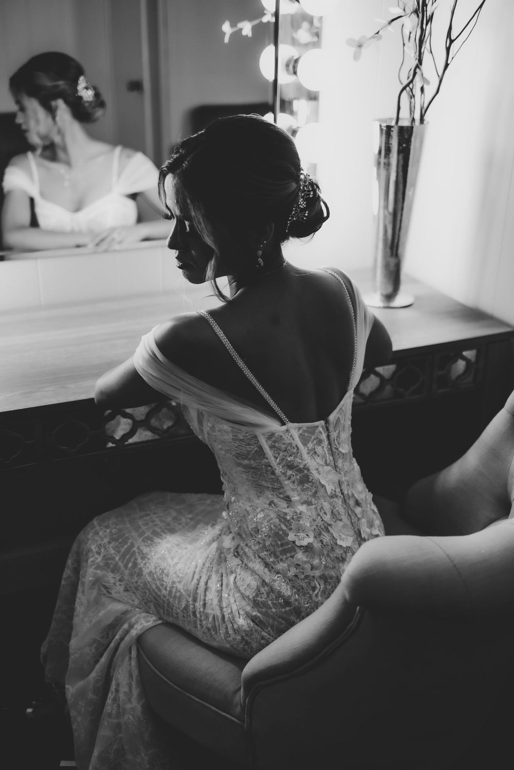 Beautiful black and white bridal portrait at Stewart Manor Country Club sitting in bridal suite