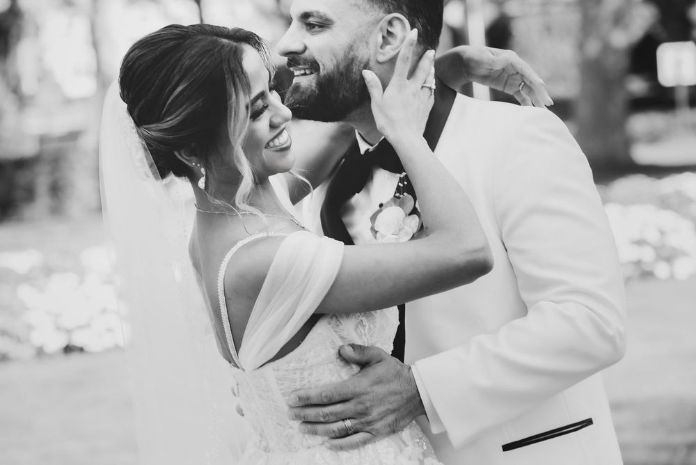 Romantic Black and white  bride and groom portrait at Stewart Manor Country Club in Long Island NY
