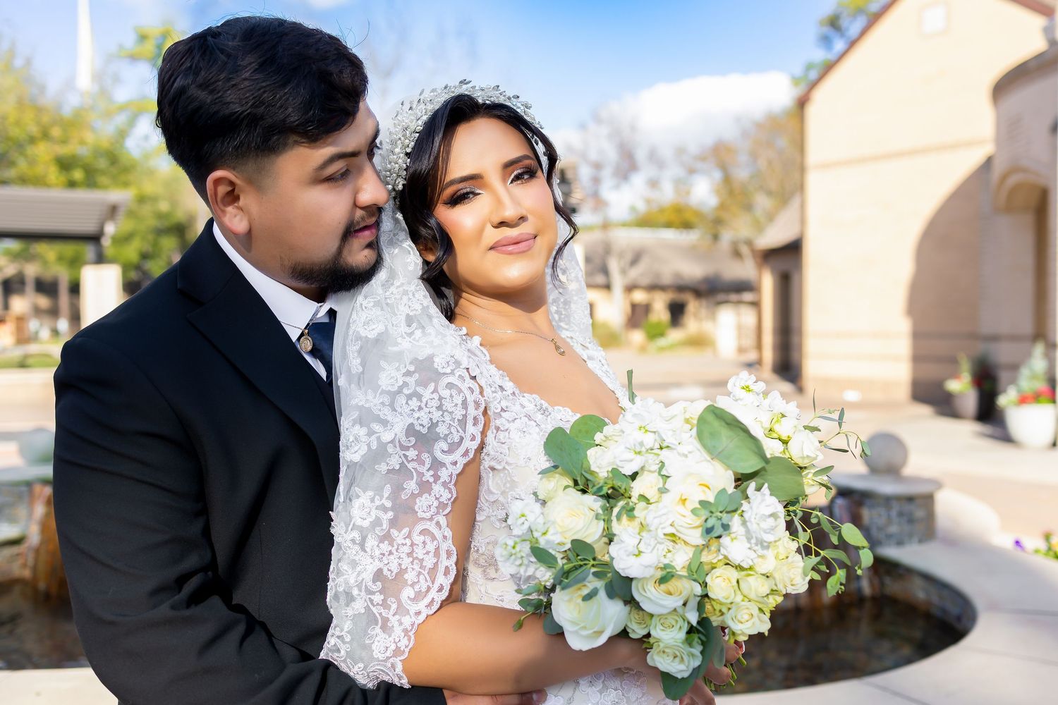 A romantic wedding photo collage showing tender moments between newlyweds with white floral bouquets and formal attire.