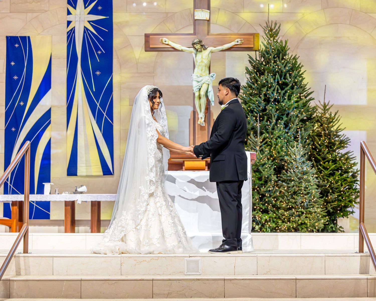 A series of wedding photos showing a couple during their ceremony in a church with blue and white decor.