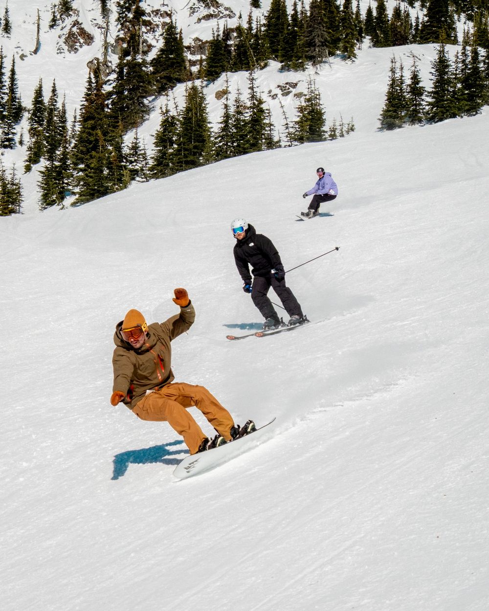A group of snowboarders and skiers carving through fresh powder snow on a tree-lined mountain slope.
