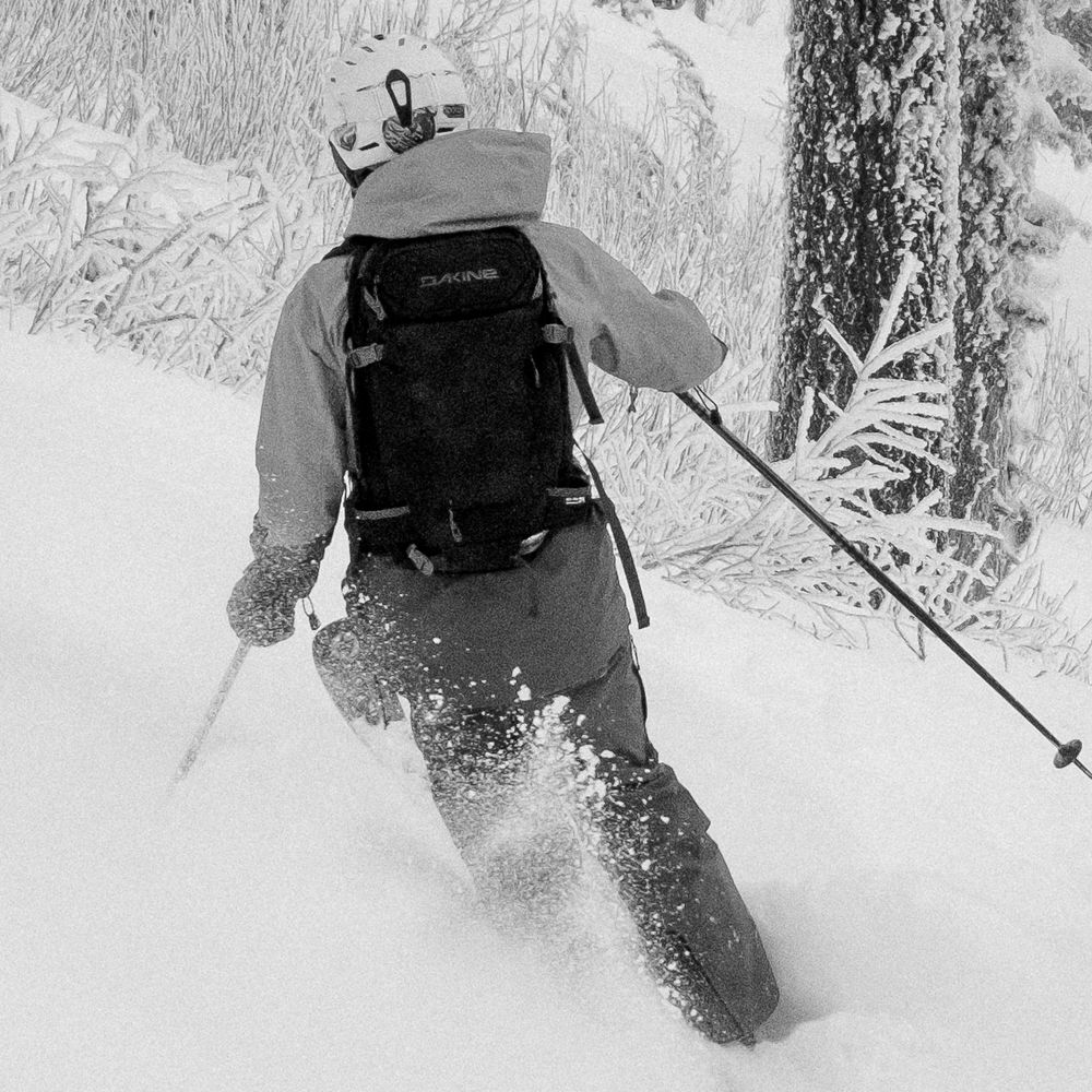 Skier carving through deep powder snow in a snowy forest creating dramatic sprays of white powder.
