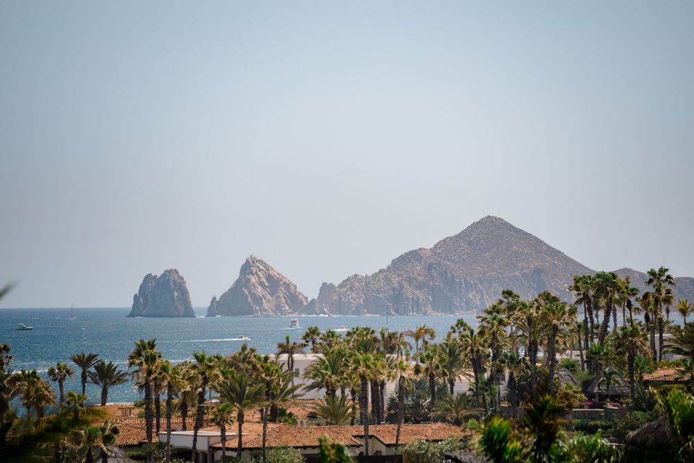 Scenic view of Cabo San Lucas with iconic rock formations, palm trees, and turquoise ocean waters.