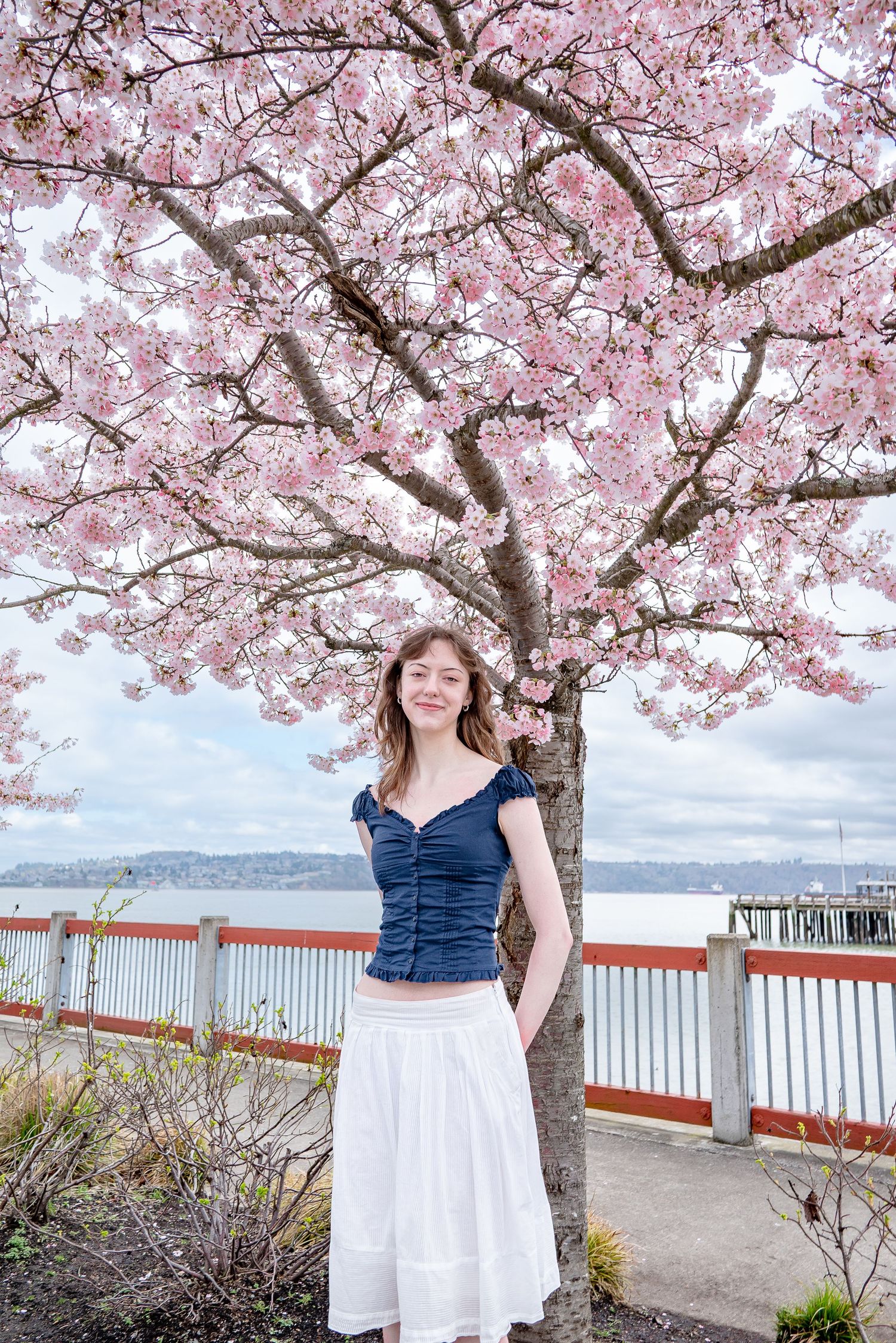 Senior standing under cherry blossoms in Tacoma spring photo session
