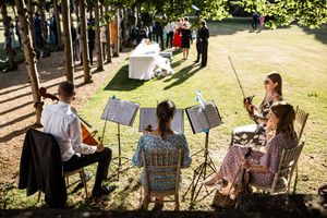 String quartet performing outdoors at elegant garden wedding ceremony.