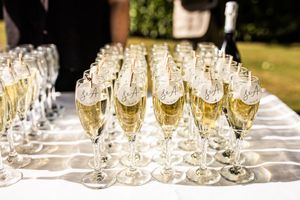 Rows of champagne flutes filled with sparkling wine arranged on a white tablecloth for a wedding reception.