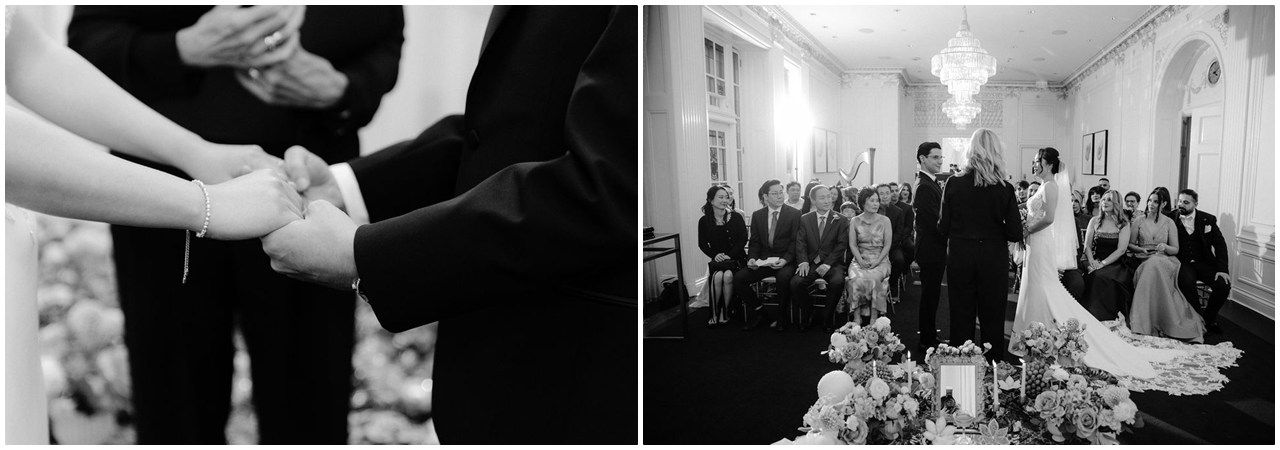 A black and white wedding photo collage showing intimate moments of a celebration with dancing and candid shots.