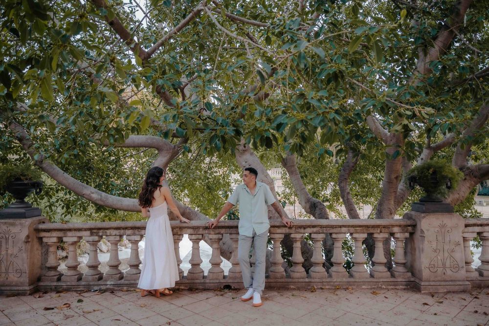 Wide shot of the lush green park with happy couple in center.