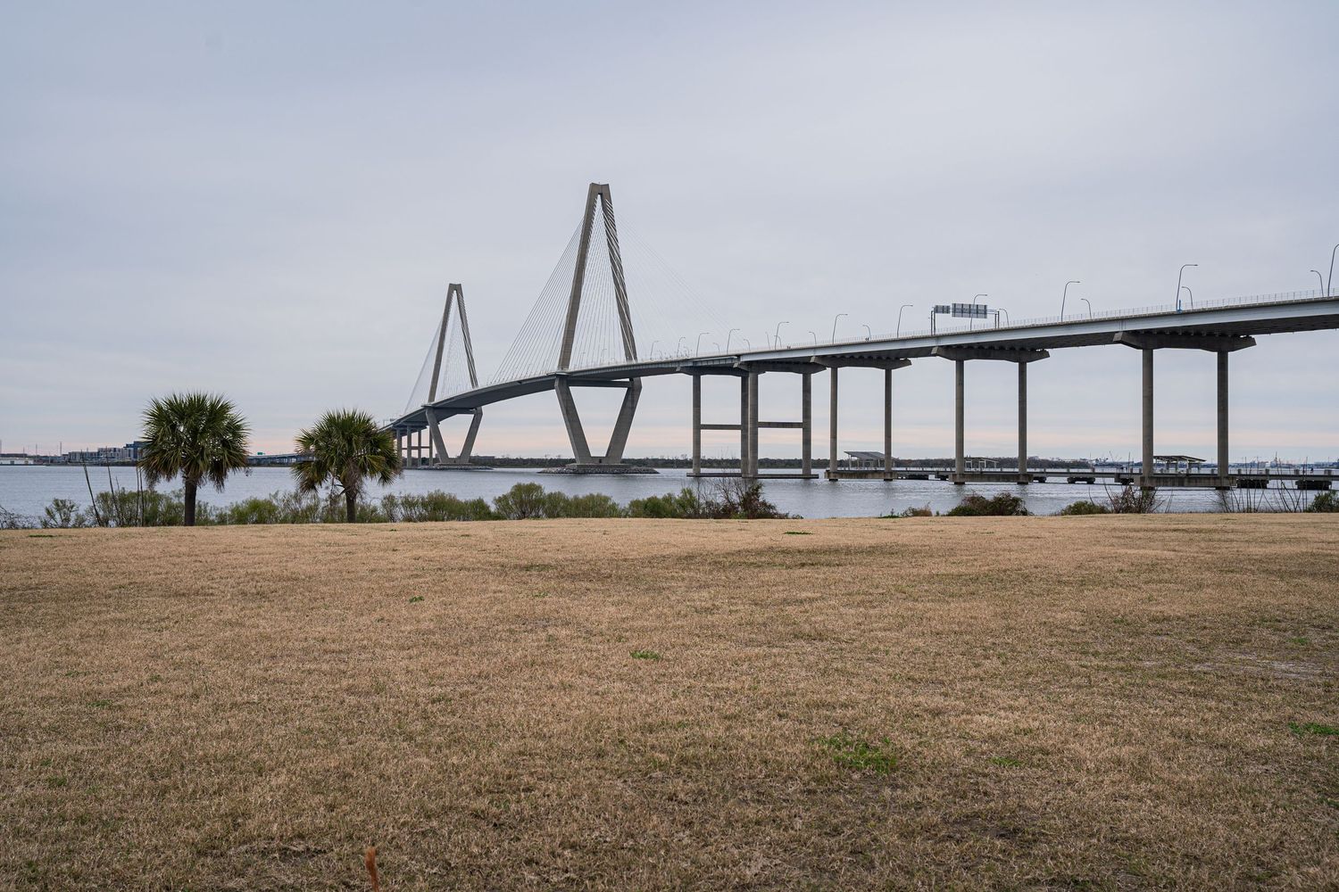 Panoramic view of the Arthur Ravenel Jr Bridge spanning across the Cooper River in Charleston, South Carolina.