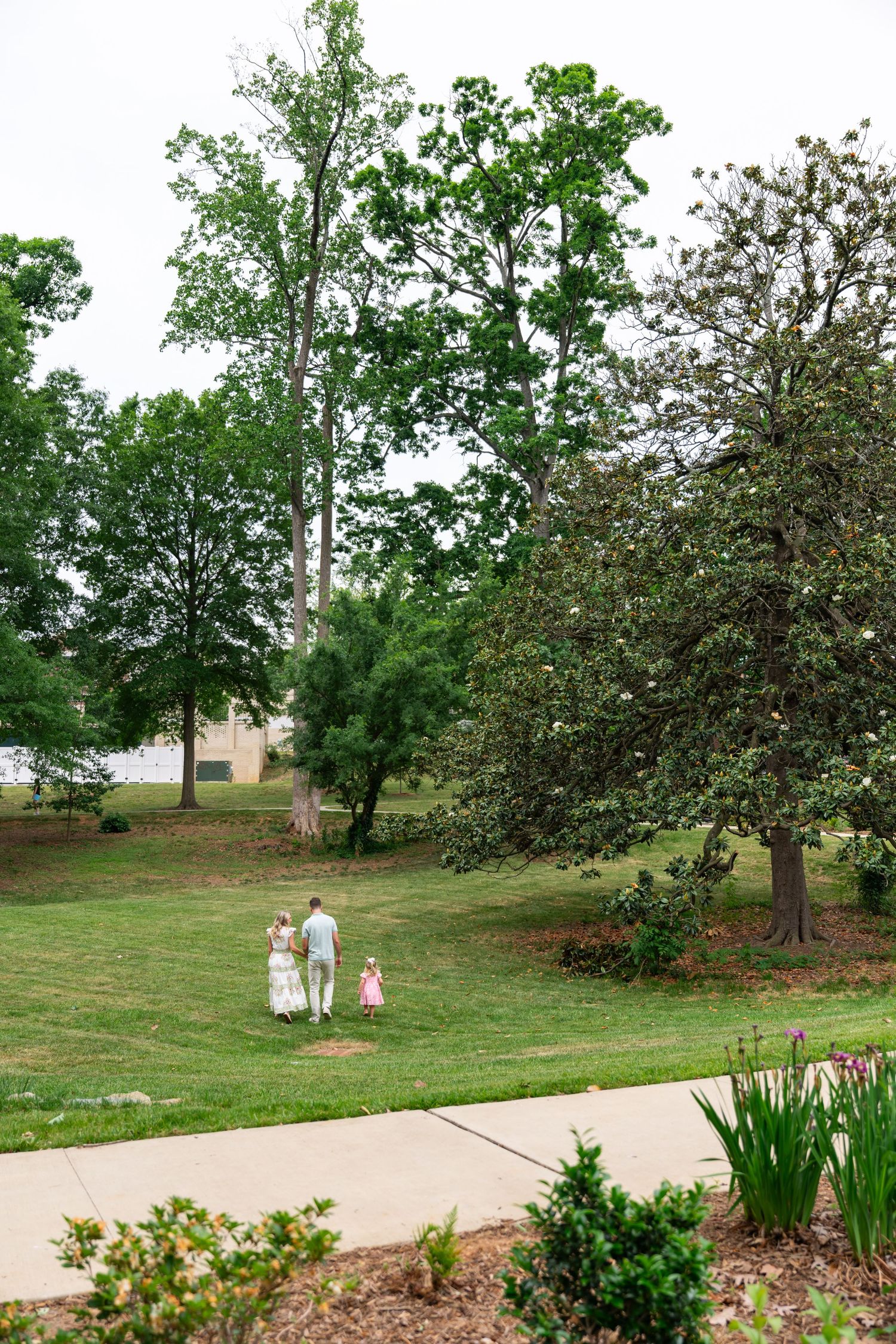 Wedding party gathered on a grassy lawn near a waterfront during an outdoor celebration on a sunny day.