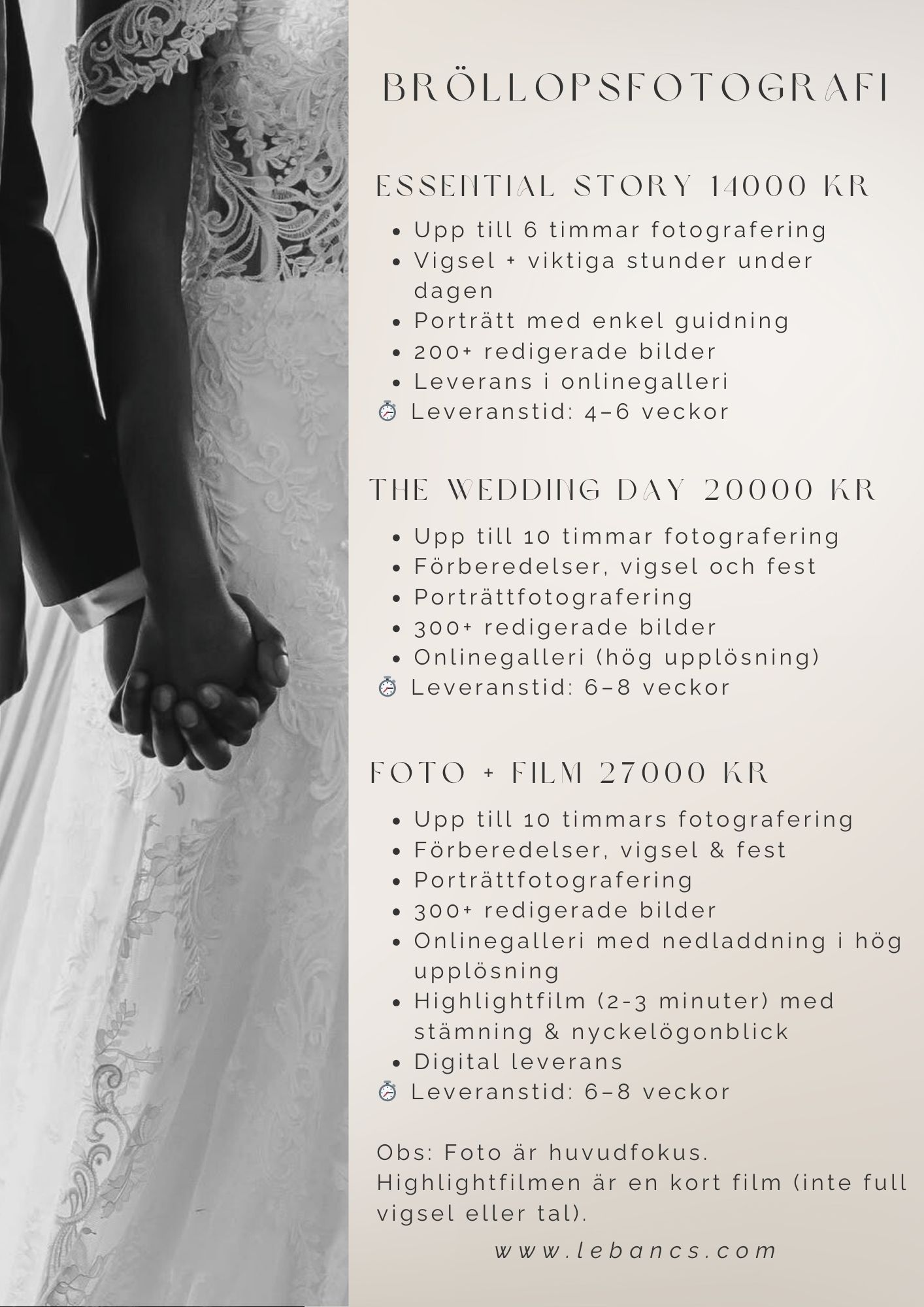 Black and white wedding photography pricing menu showing package details and services in Swedish text.