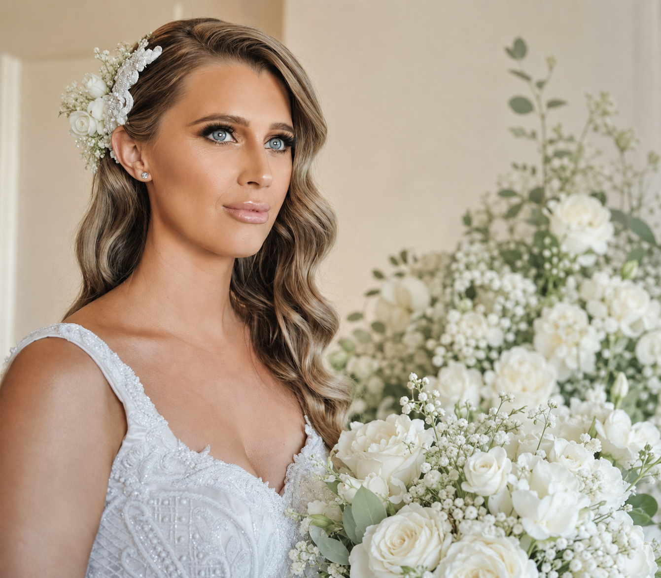 Close-up portrait of a radiant bride with soft waves, floral hair piece, and white rose bouquet.