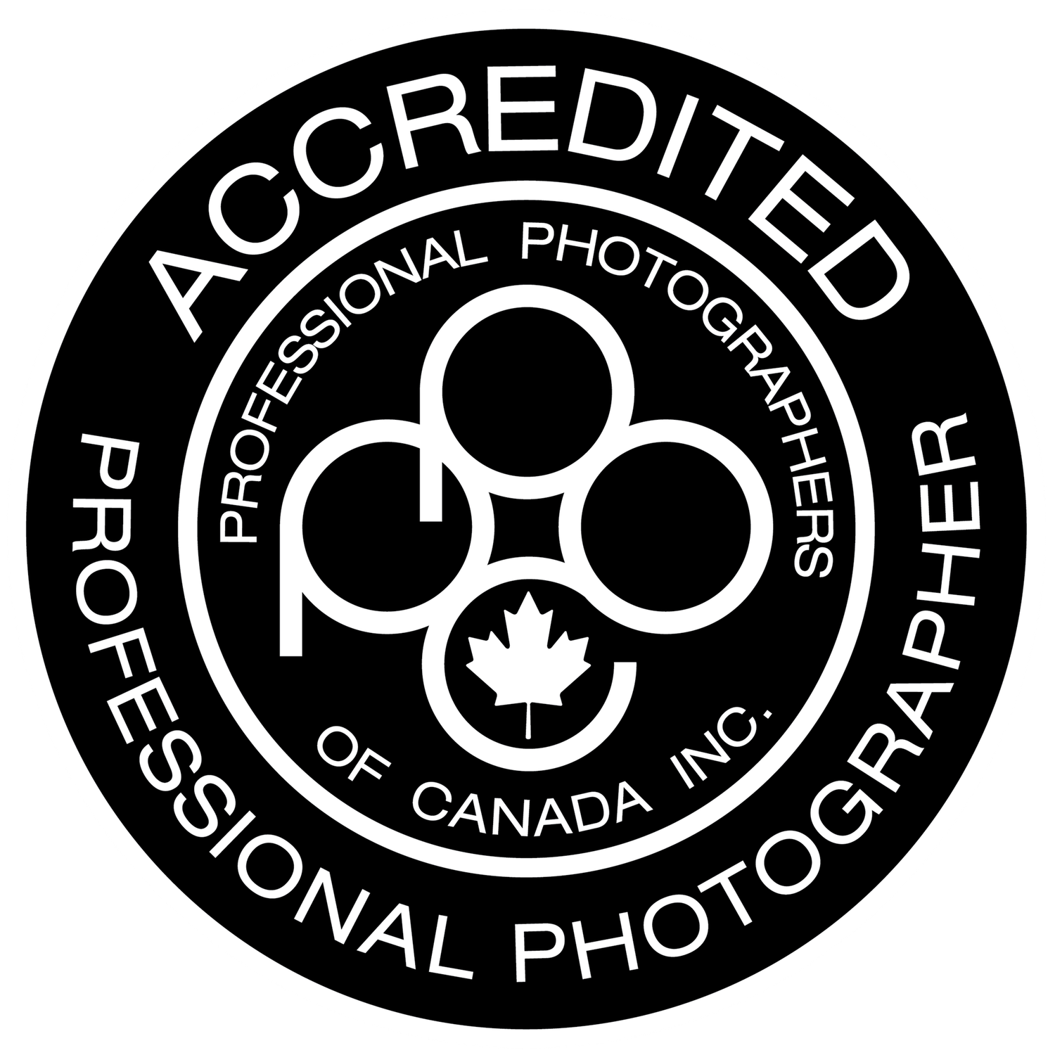 Black and white circular Accreditation logo for Professional Photographers of Canada featuring three circles and a maple leaf design.