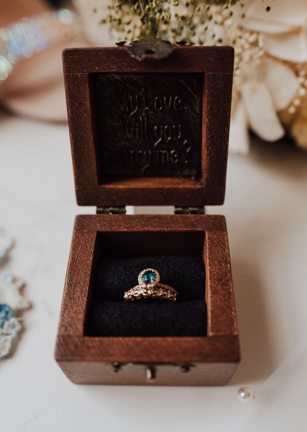 Wedding ring in wooden ring box at Yorktowne Hotel Ballroom East wedding in York PA