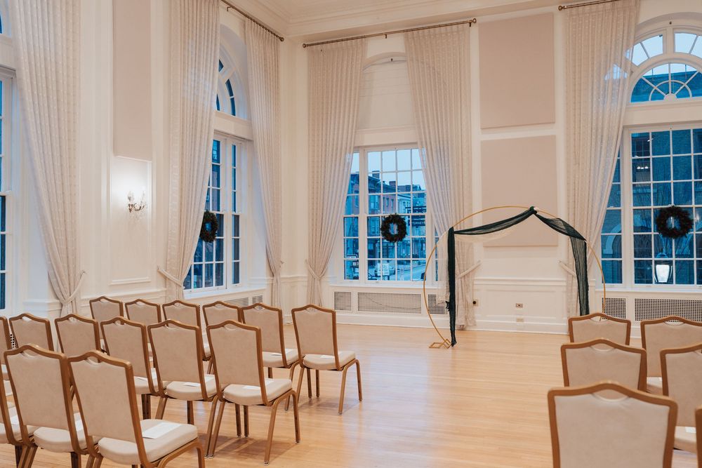 Ballroom interior from the Yorktowne Hotel decorated for elegant winter wedding ceremony.