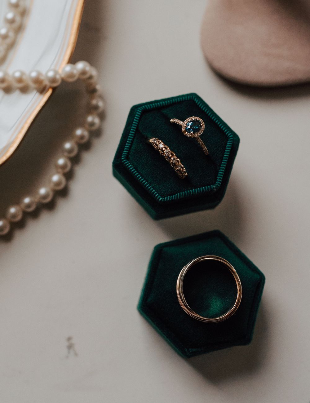 Bridal emerald green wedding ring and pearl jewelry at  Yorktowne Hotel wedding in York PA