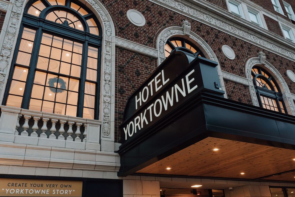 Outside view of the Yorktowne Hotel from an elegant wedding during winter season on New Years Eve