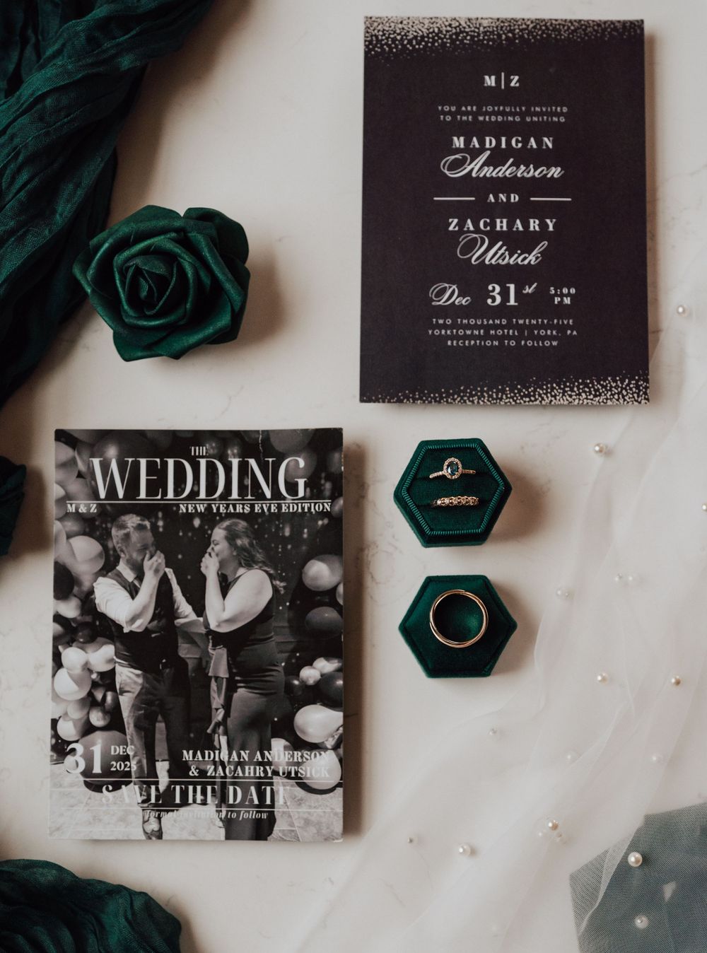 Wedding invitation in black and white at Yorktowne Hotel Ballroom East wedding in York PA
