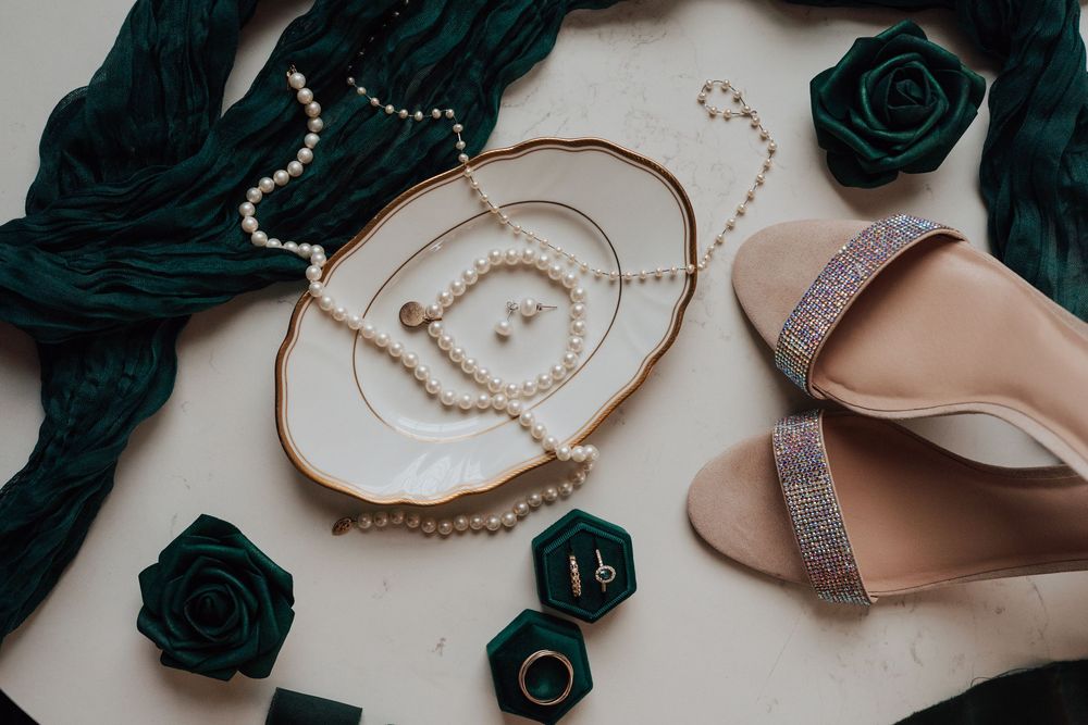 Bride’s pearl accessories for elegant winter ballroom wedding at Yorktwone Hotel in York PA
