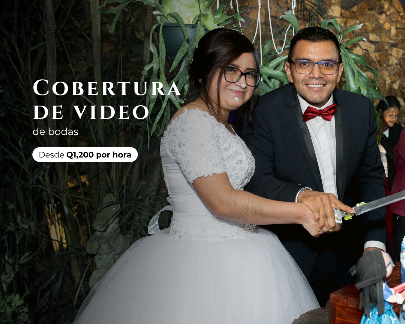Wedding celebration scene with couples in formal attire at an outdoor venue with lush greenery and decorative lighting.